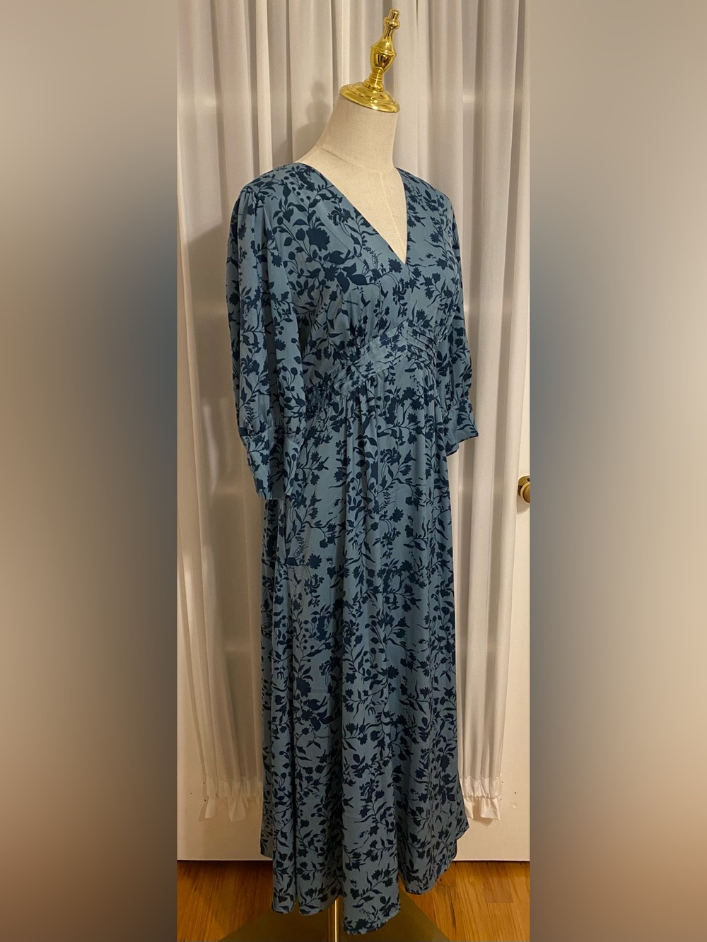 Blue Floral V-Neck Maxi Dress with Empire Waist